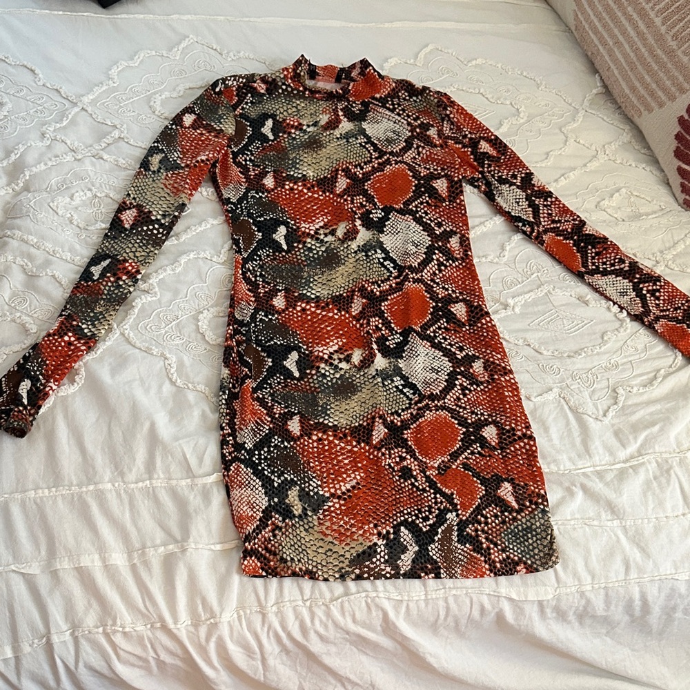 Snake Print Long Sleeve Bodycon Dress - Red Multi
